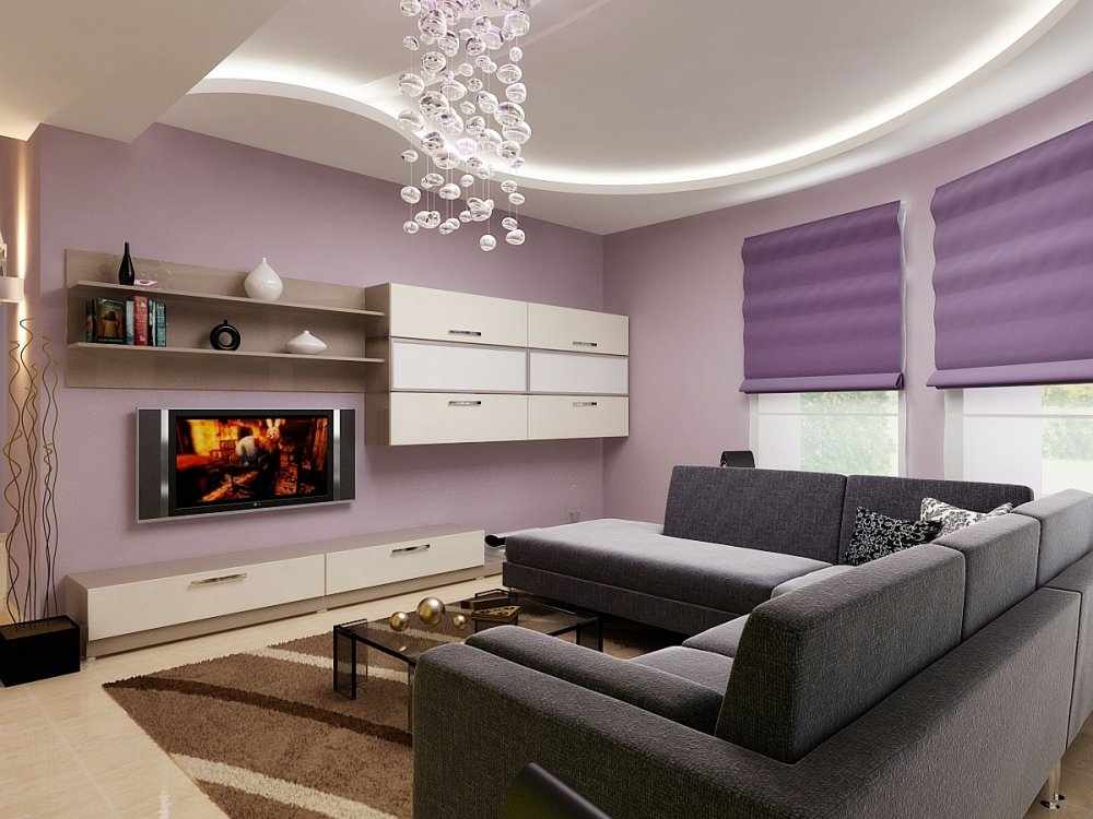 Фиолетовый и черный в дизайне гостиной