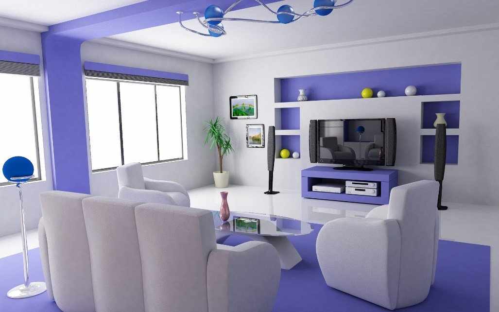 Фиолетовый интерьер с белой мебелью