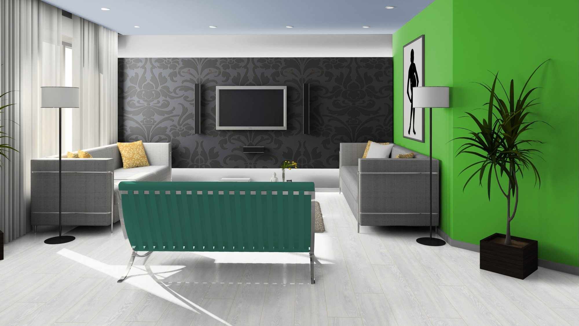 Черный, зеленый и белый в дизайне гостиной