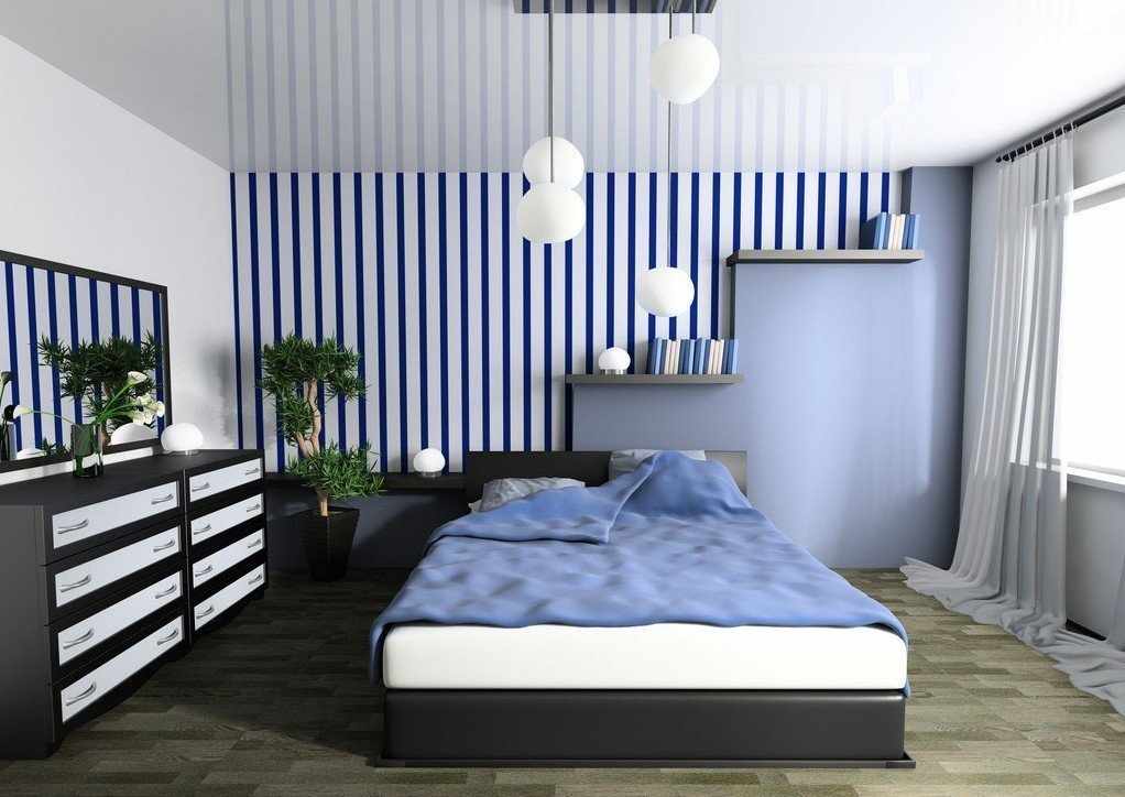 Черный с голубым в интерьере спальни