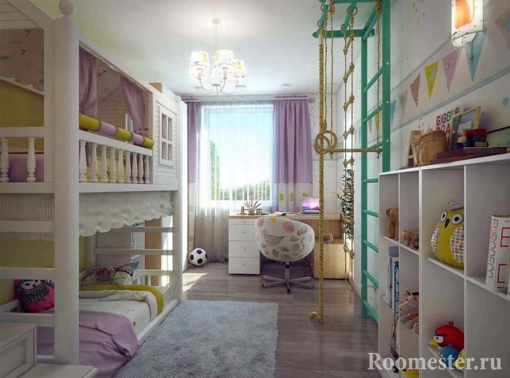 Детская комната в хрущевке с двух ярусной кроватью и шведской стенкой 
