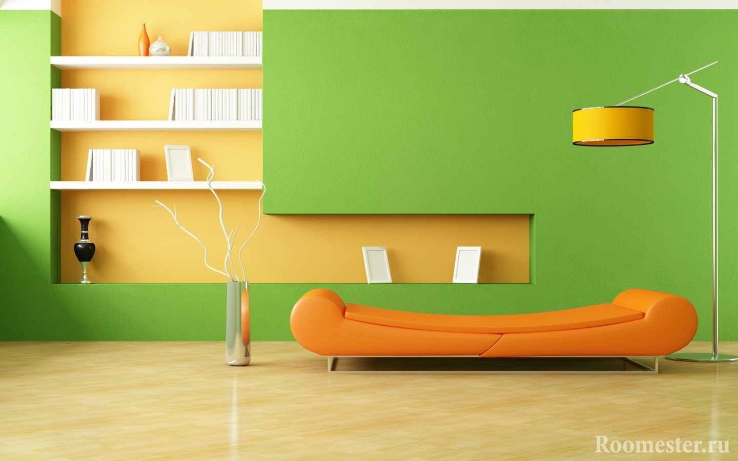 Оранжевый диван и зеленые стены