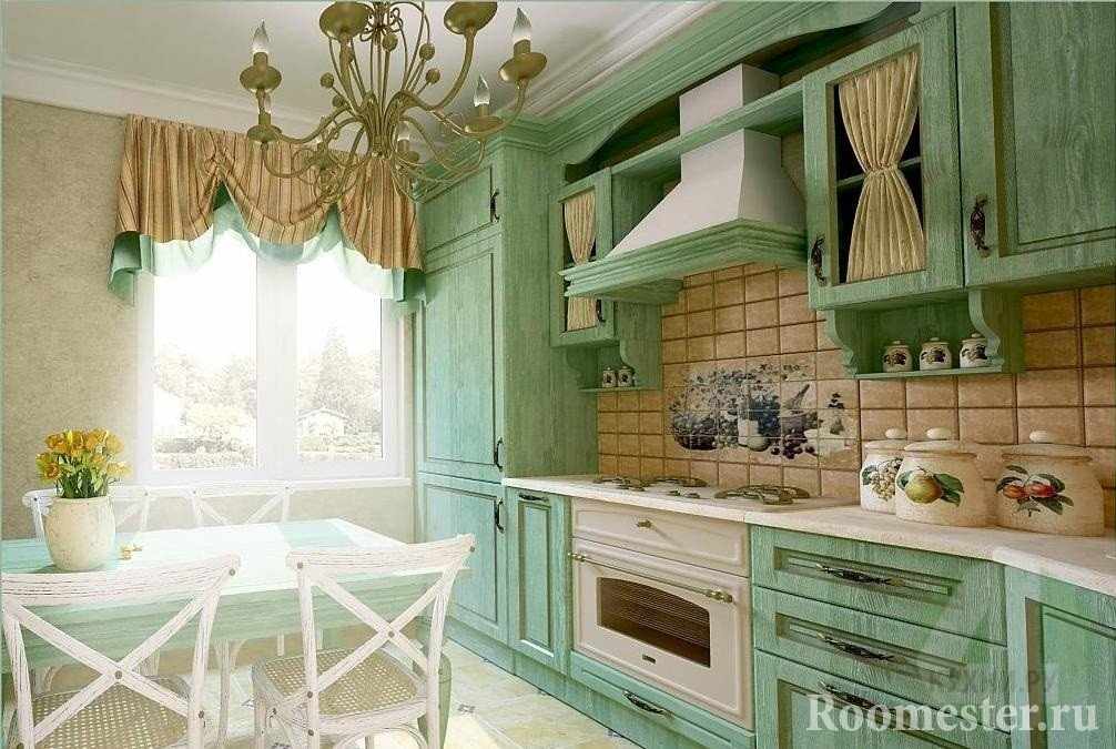 Зеленая мебель в сочетании с бежевыми занавесками и плиткой