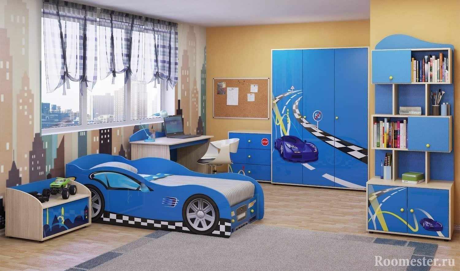 Детская комната, кровать с машинкой