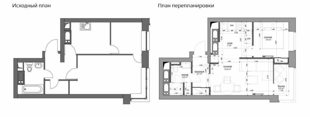 Перепланировка двухкомнатной квартиры 44 кв м 