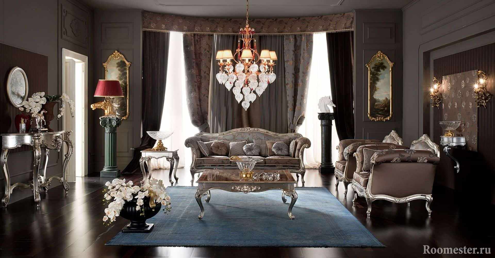 Дизайн гостиной в темном цвете в классическом стиле