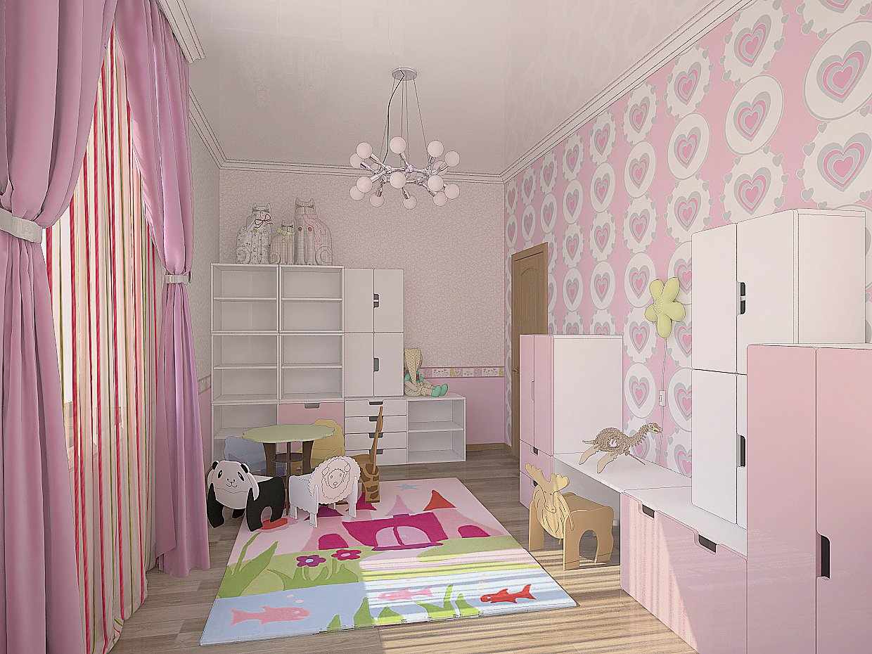 Нежно-розовые оттенки в дизайне детской для маленькой принцессы