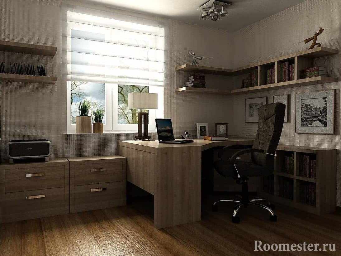 Дизайн кабинета с угловым столом из дерева