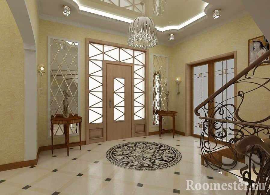 Дизайн коридора-прихожей с лестницей в частном доме
