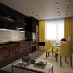 Желтые шторы и стулья в темном интерьере кухни