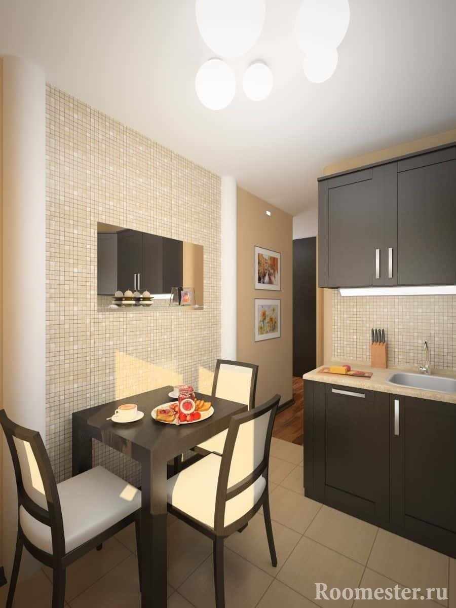Плитка в виде мелкой мозаики визуально увеличит площадь маленькой кухни
