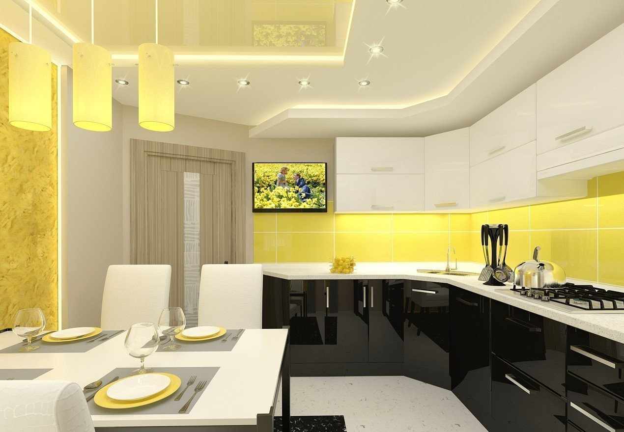 Желто-белый интерьер кухни в квартире