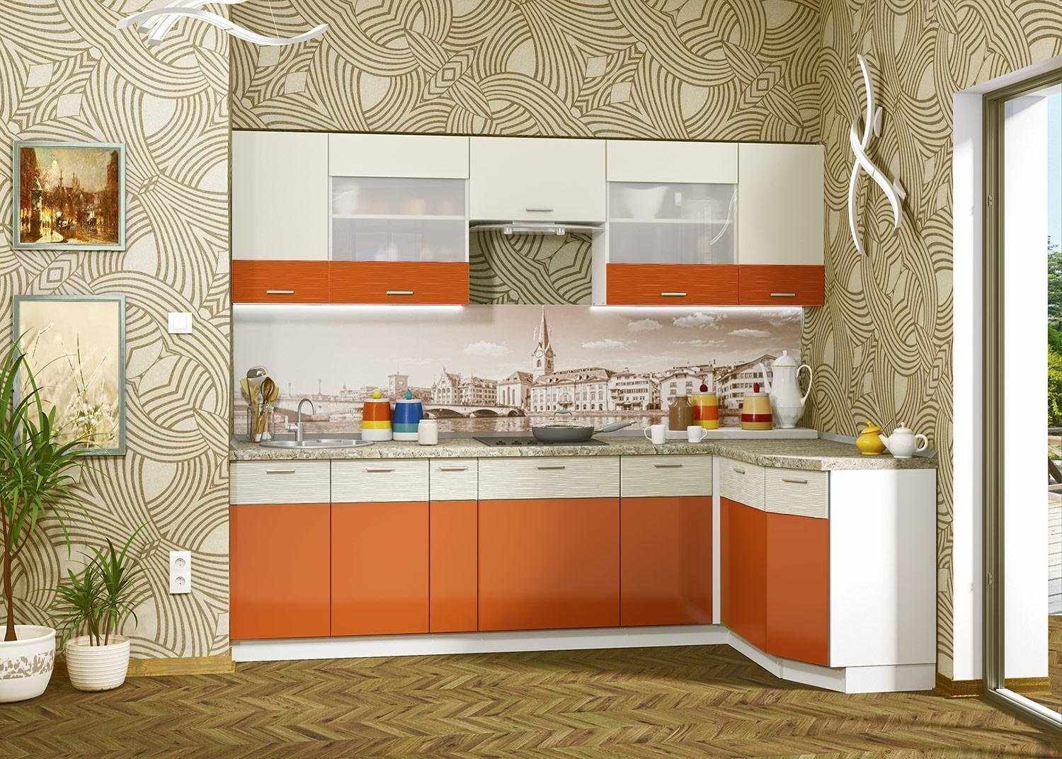 Компактная кухня в оранжевом цвете