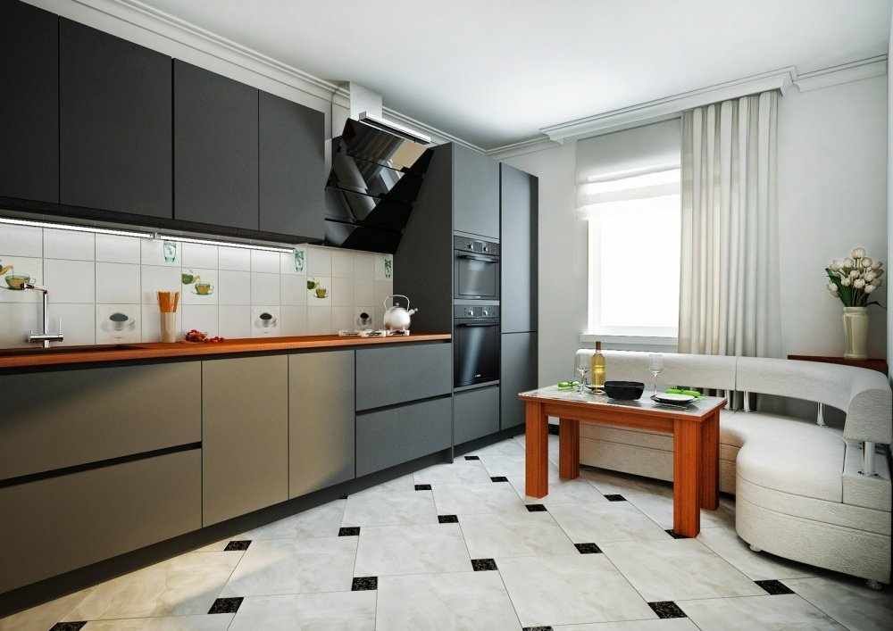 Черная мебель и белый уголок на кухне