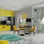 Желтая мебель в сером интерьере