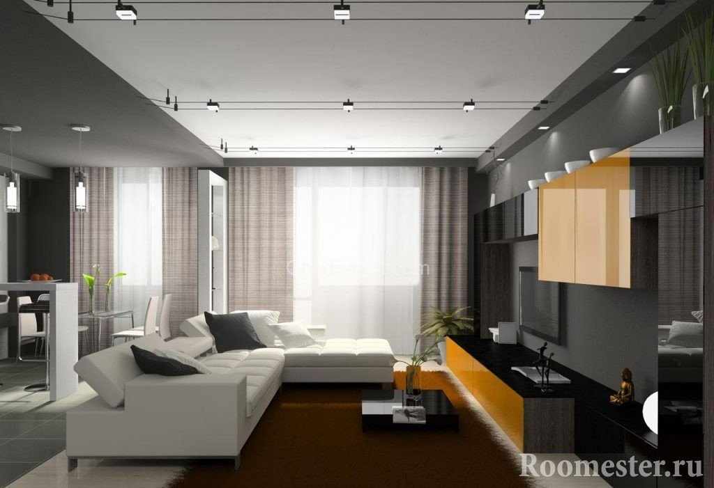 Белый диван и коричневый ковер в гостиной