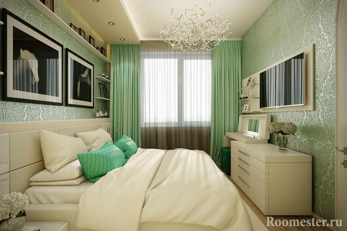 Спальня в бежево-зеленых тонах