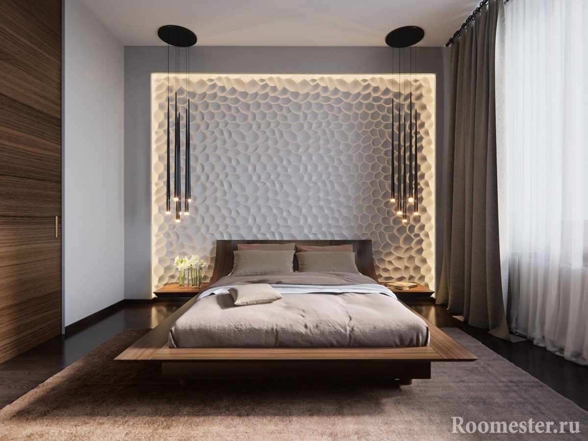 3Д панели на стене спальни с подсветкой