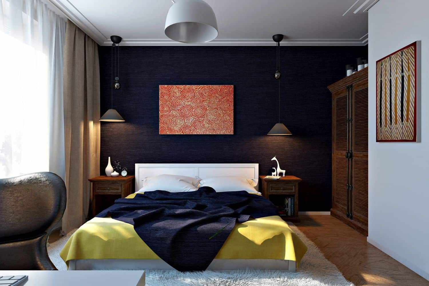 Баклажанный цвет в отделке стен спальни