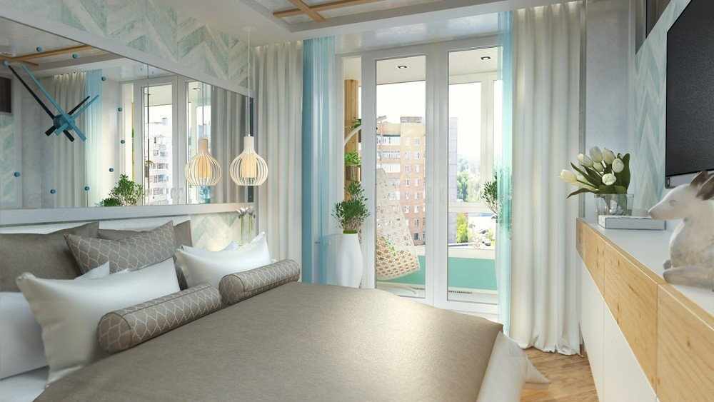 Спальня с панорамными дверями на балкон