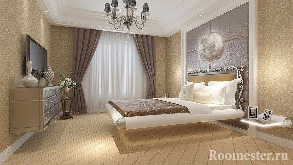 Парящая кровать над полом в спальне в классическом стиле