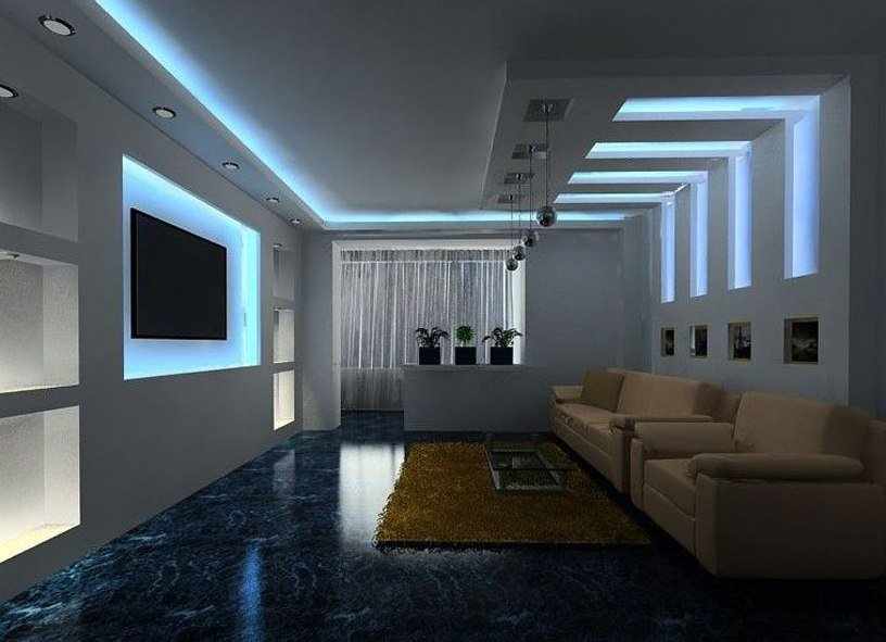 Дизайн стен из гипсокартона с подсветкой в гостиной