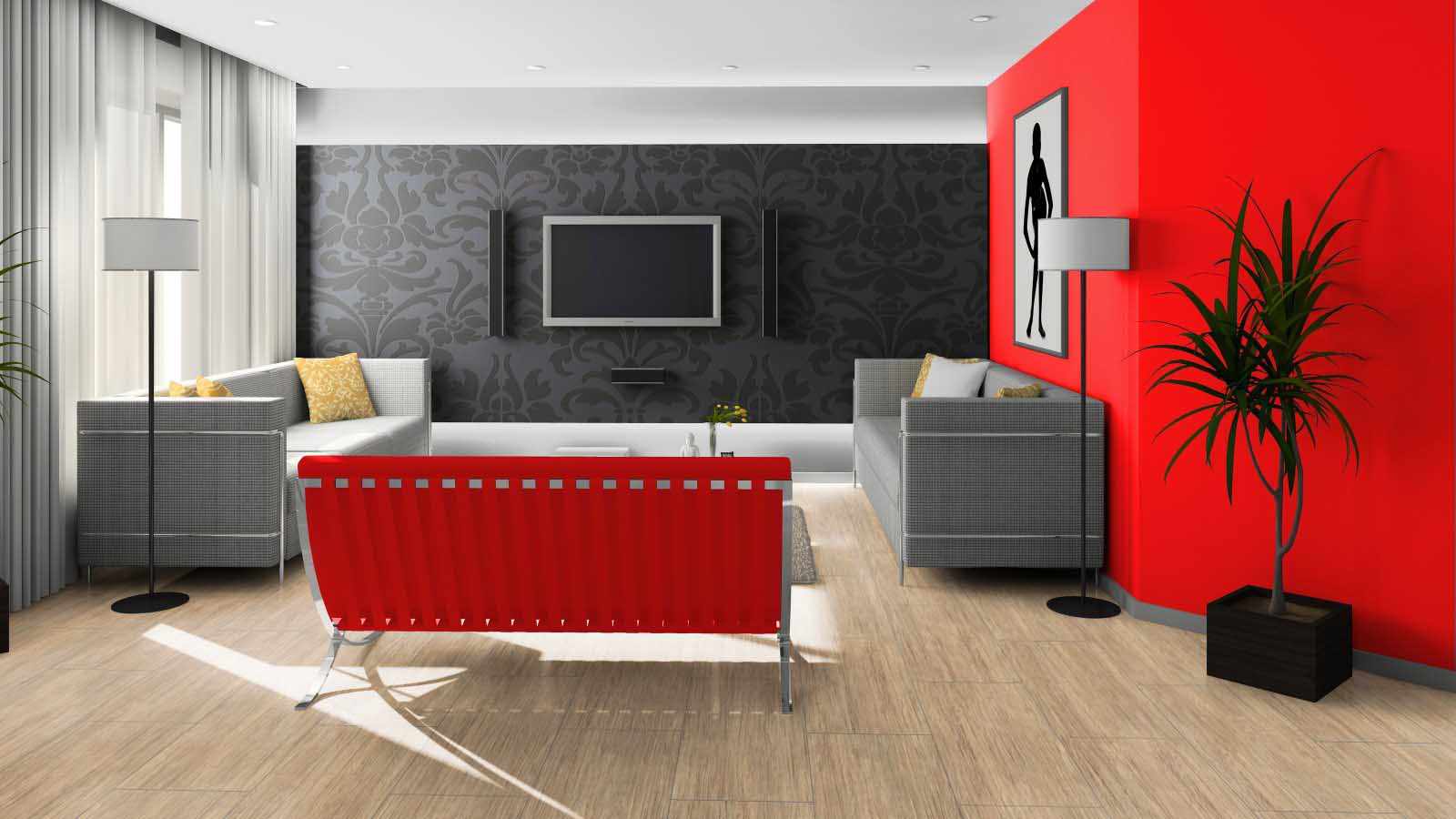 Черный и красный в дизайне гостиной
