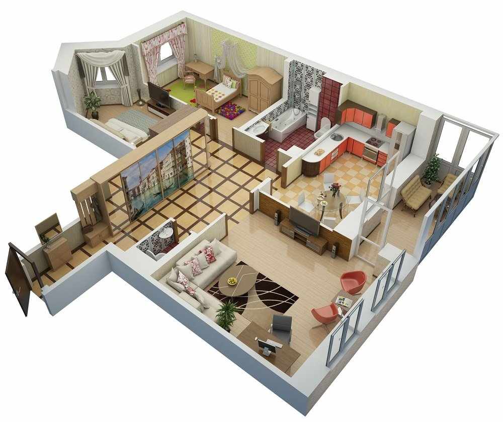 3D дизайн-проект трехкомнатной квартиры 80 кв.м