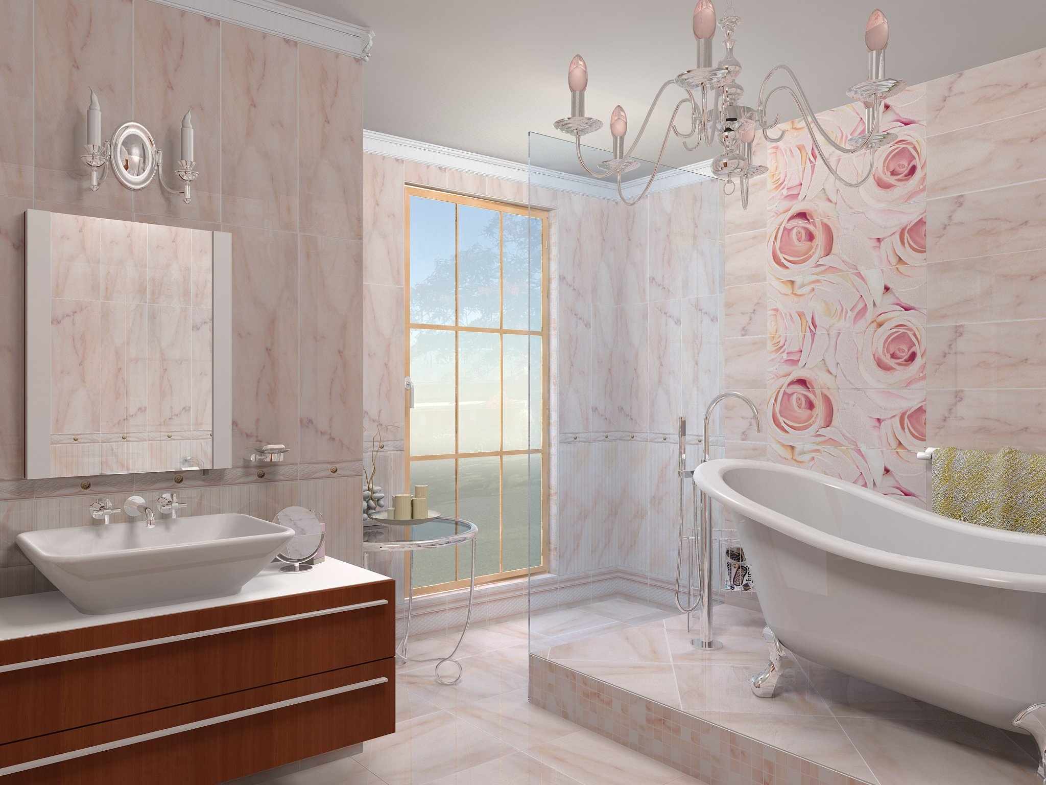 Сочетание бежевого и розового в дизайне ванной