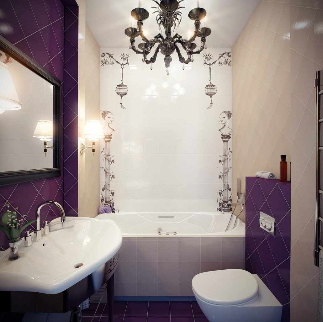 Отделка узкой ванной комнаты фиолетовой плиткой
