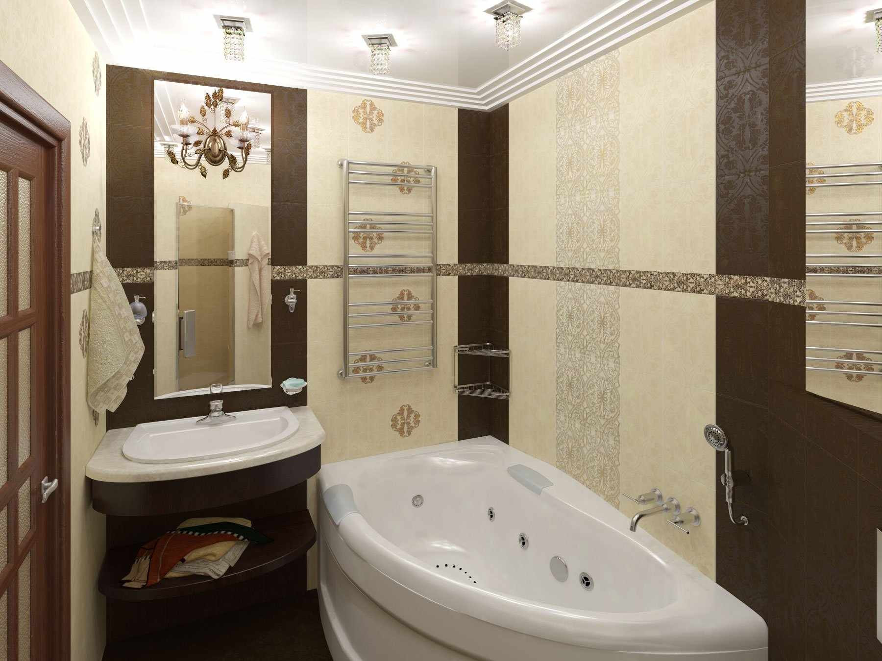 Дизайн узкой ванной комнаты в бежево-шоколадных тонах