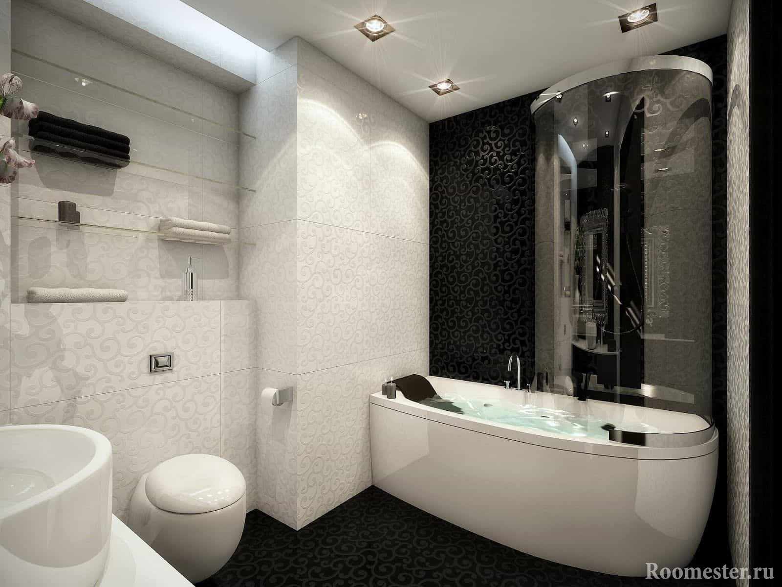 Сочетание белой и черной плитки в ванной комнате