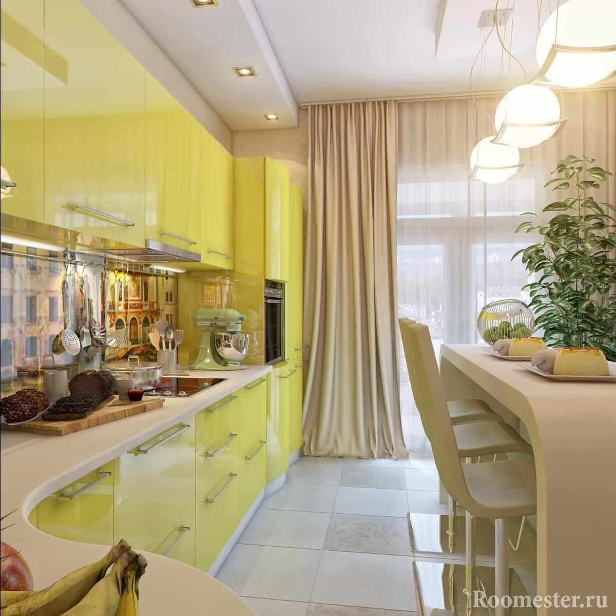 Угловая вытянутая желтая кухня с оригинальным столом