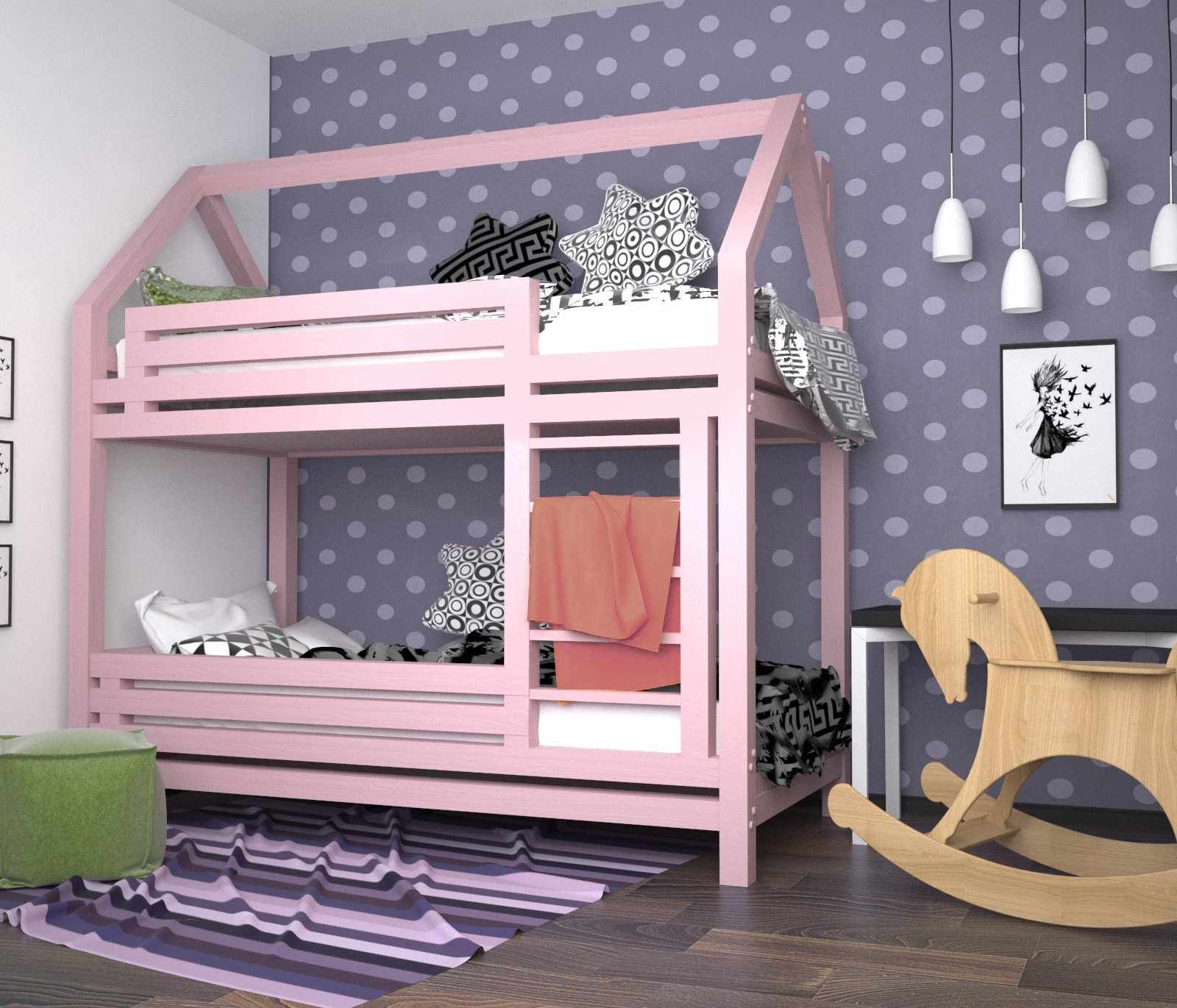 Розовая двухъярусная кровать в детской для девочки 