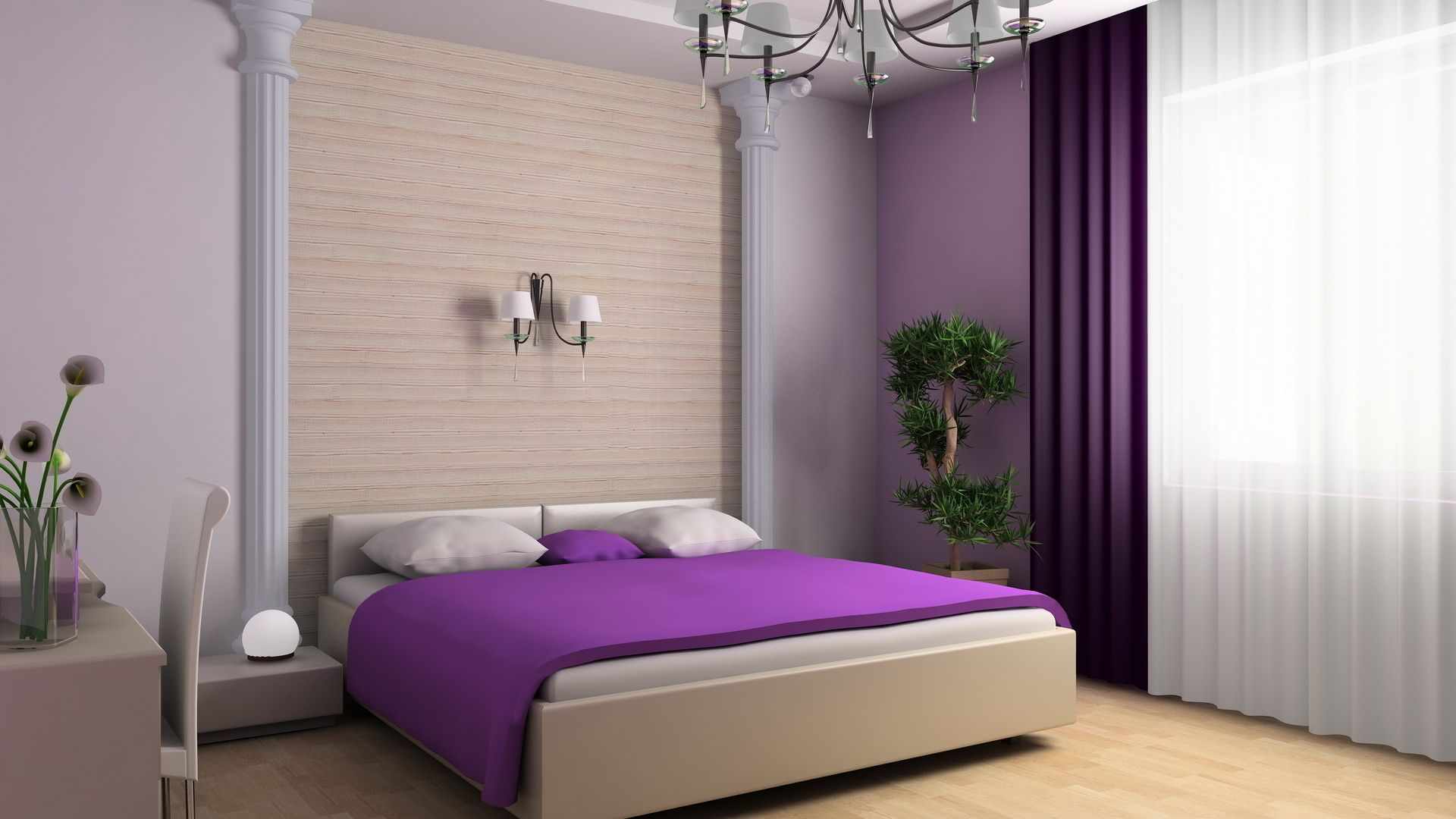 Фиолетовое покрывало на кровати