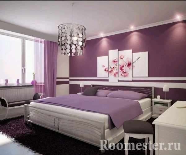 Фиолетовые цвета в интерьере спальни