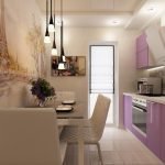 Бежевая кухня с фиолетовой мебелью