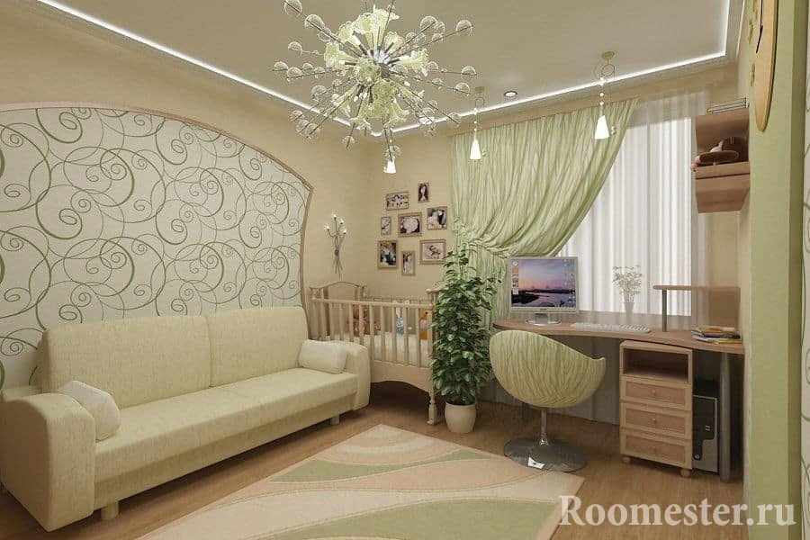 Гостиная и детская кроватка в одной комнате