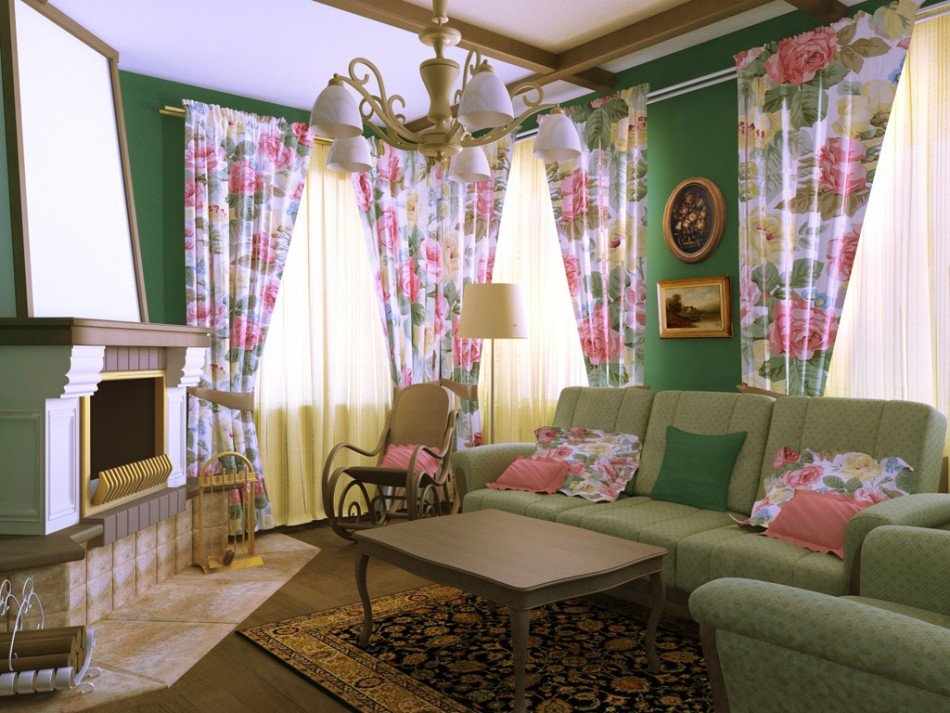 Гостиная в стиле прованс в зеленом цвете