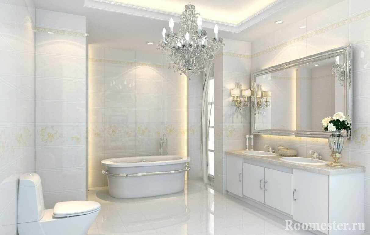 Дизайн ванной комнаты в белом цвете в стиле неоклассика
