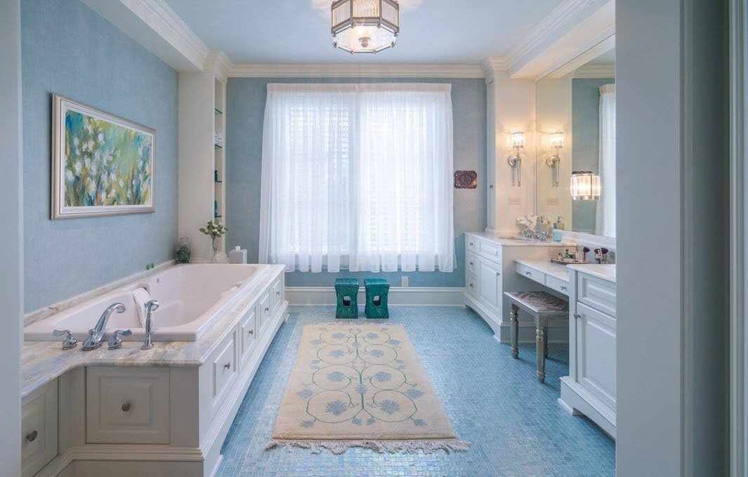 Дизайн голубой ванной в стиле минимализм