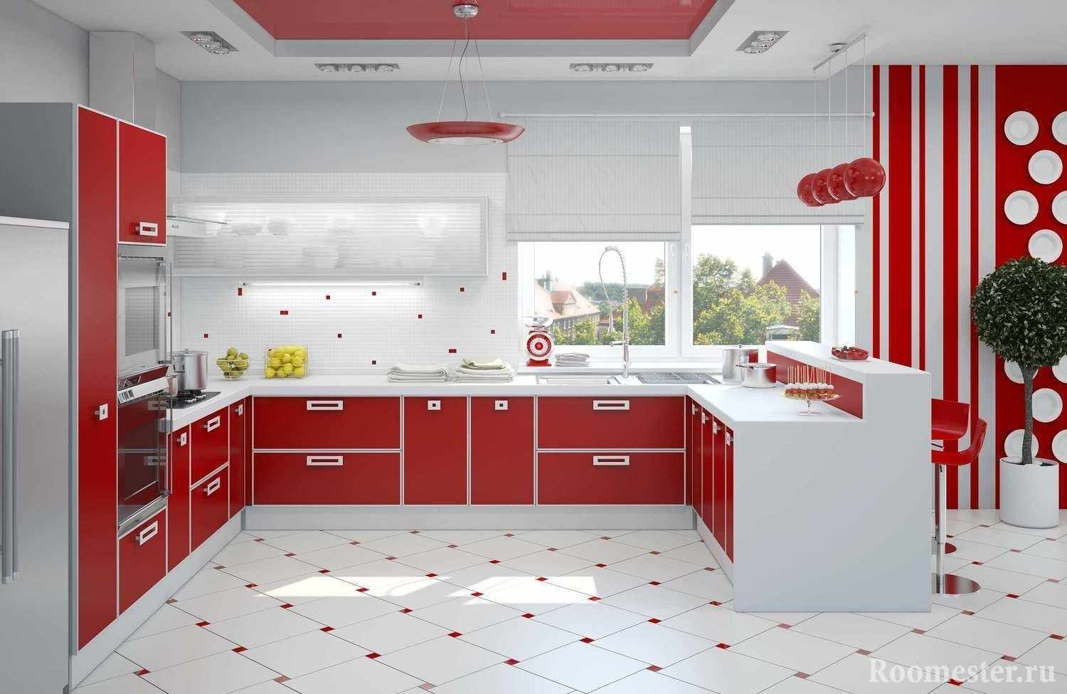 Красно-белый интерьер кухни