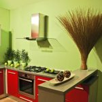 Фисташково-красный интерьер кухни