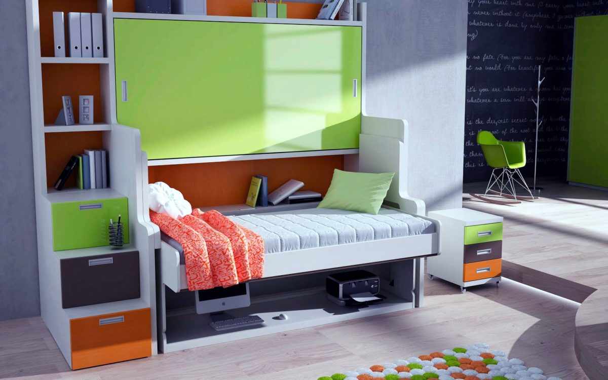 Светло-зеленая глянцевая мебель в комнате для подростка