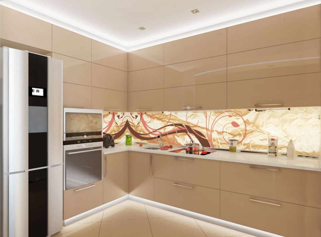 Потолок с подсветкой на кухне с мебелью цвета капучино