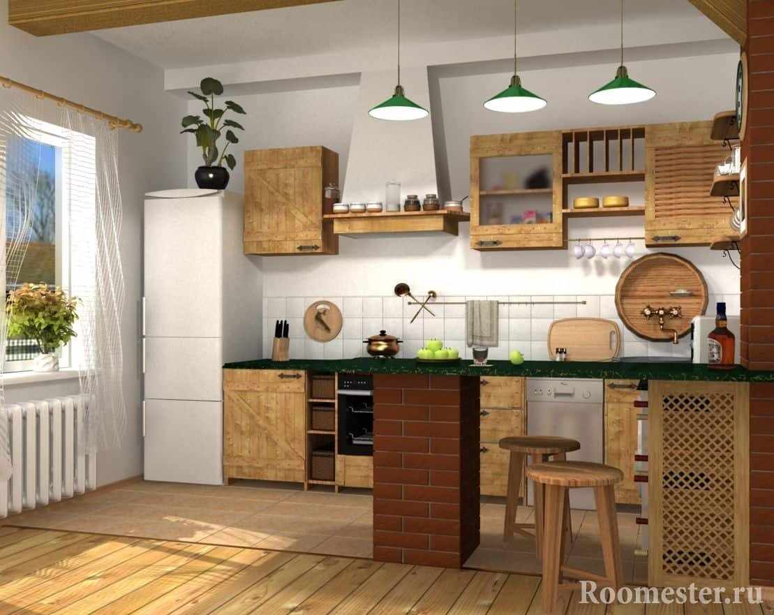Просторная кухня с деревянными фасадами