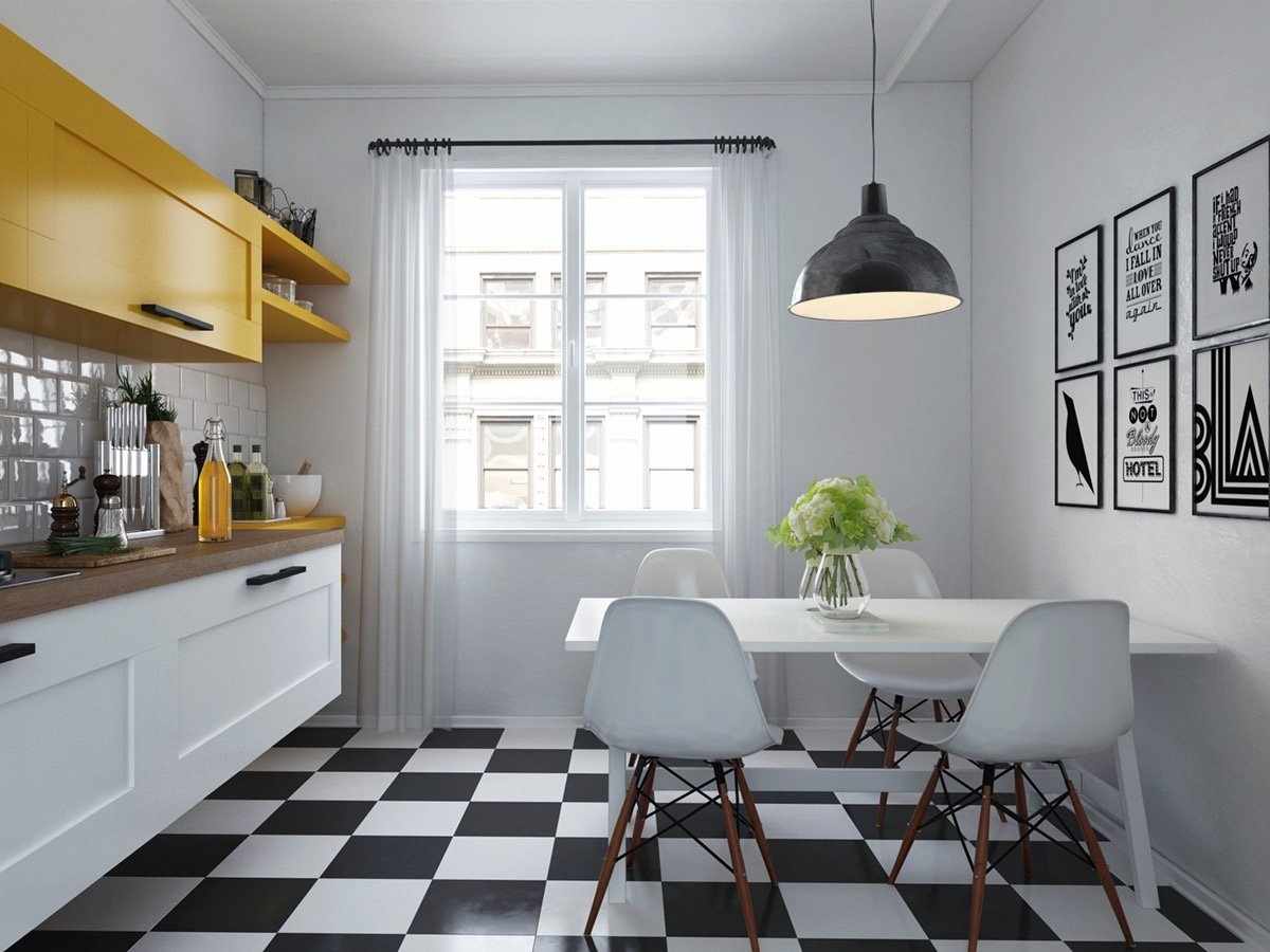 Белый потолок на кухне в скандинавском стиле