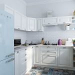 Сочетание белой мебели и голубого холодильника