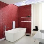 Красная стена в белом интерьере ванной