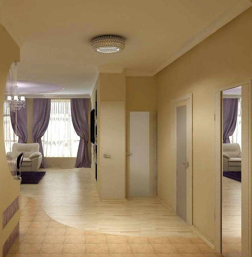 Светлый потолок в гостиной-прихожей